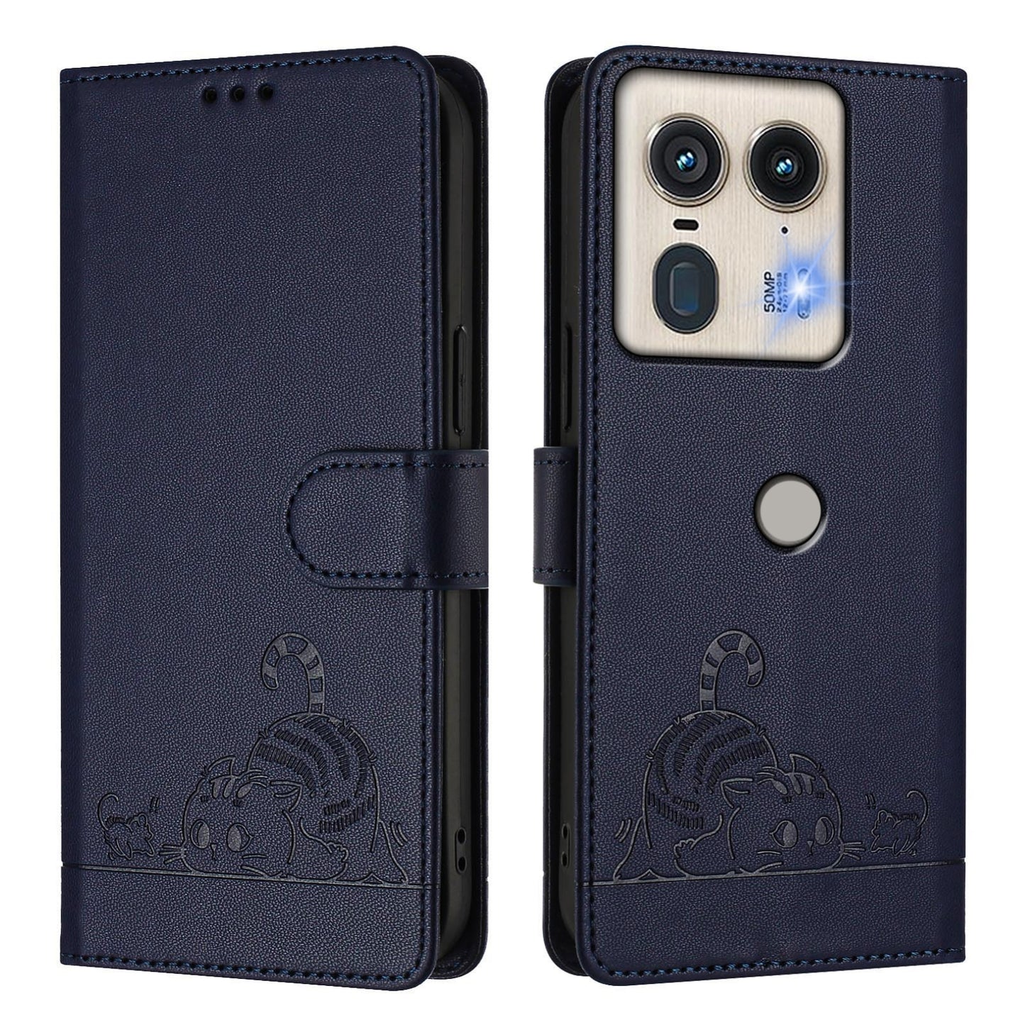 Motorola Edge 5G Global Cat and Rat Embossed Pattern, RFID Leather Phone Case with Lanyard, Kickstand, and Wallet Features