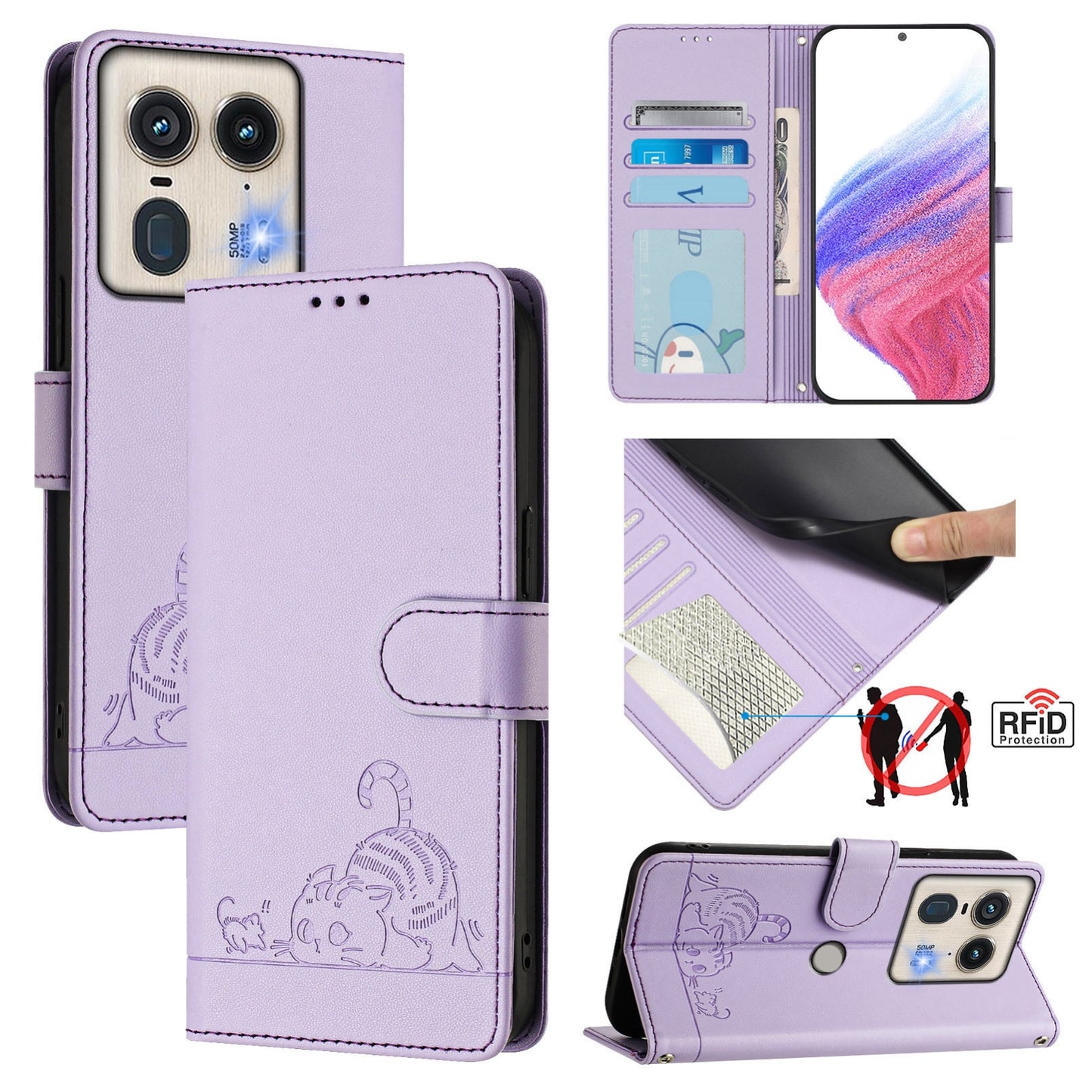 Motorola Edge 5G Global Cat and Rat Embossed Pattern, RFID Leather Phone Case with Lanyard, Kickstand, and Wallet Features