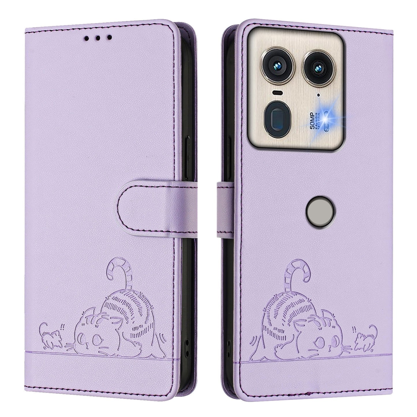 Motorola Edge 5G Global Cat and Rat Embossed Pattern, RFID Leather Phone Case with Lanyard, Kickstand, and Wallet Features