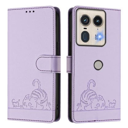 Motorola Edge 5G Global Cat and Rat Embossed Pattern, RFID Leather Phone Case with Lanyard, Kickstand, and Wallet Features
