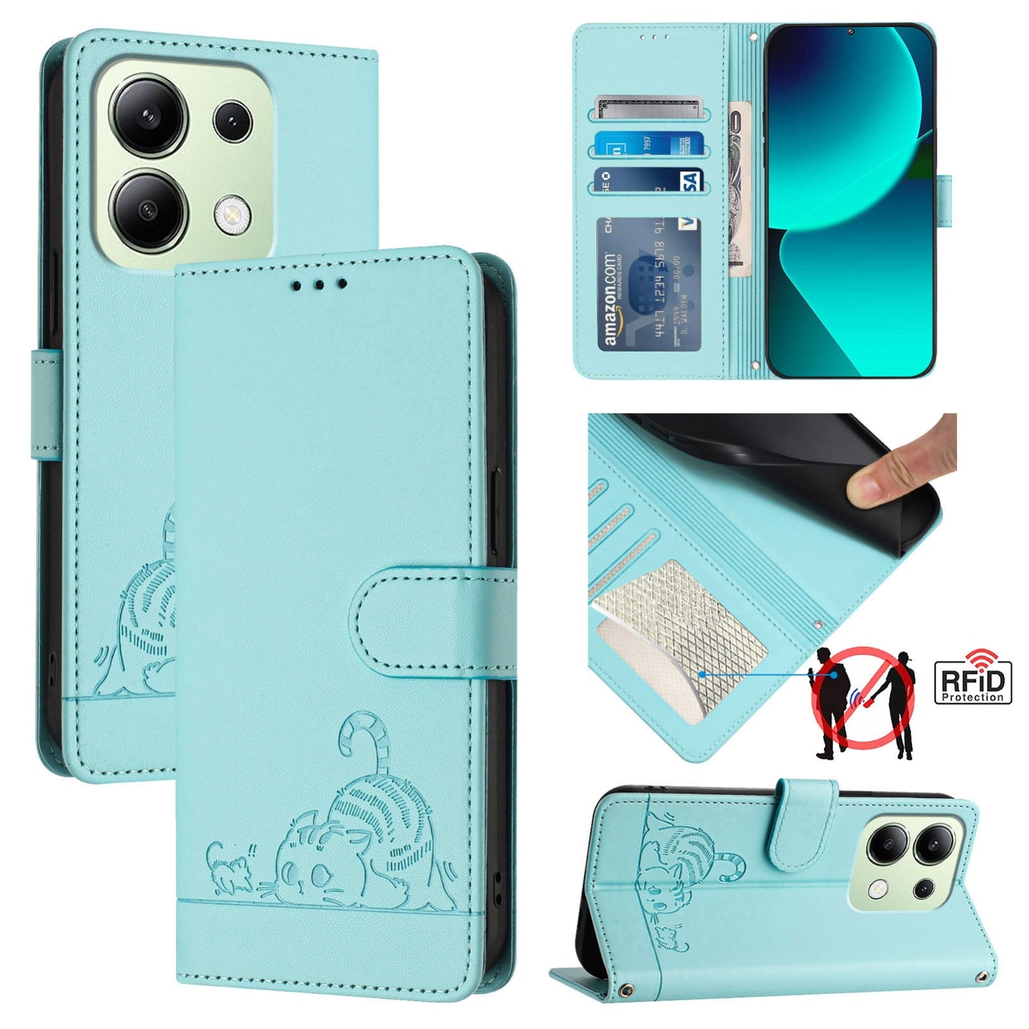 Xiaomi Redmi Note 13 4G Global Cat and Rat Embossed Pattern, RFID Leather Phone Case with Lanyard, Kickstand, and Wallet Features