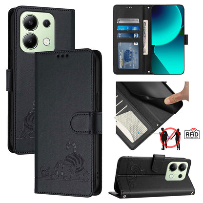 Xiaomi Redmi Note 13 4G Global Cat and Rat Embossed Pattern, RFID Leather Phone Case with Lanyard, Kickstand, and Wallet Features