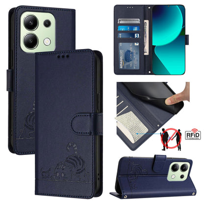 Xiaomi Redmi Note 13 4G Global Cat and Rat Embossed Pattern, RFID Leather Phone Case with Lanyard, Kickstand, and Wallet Features