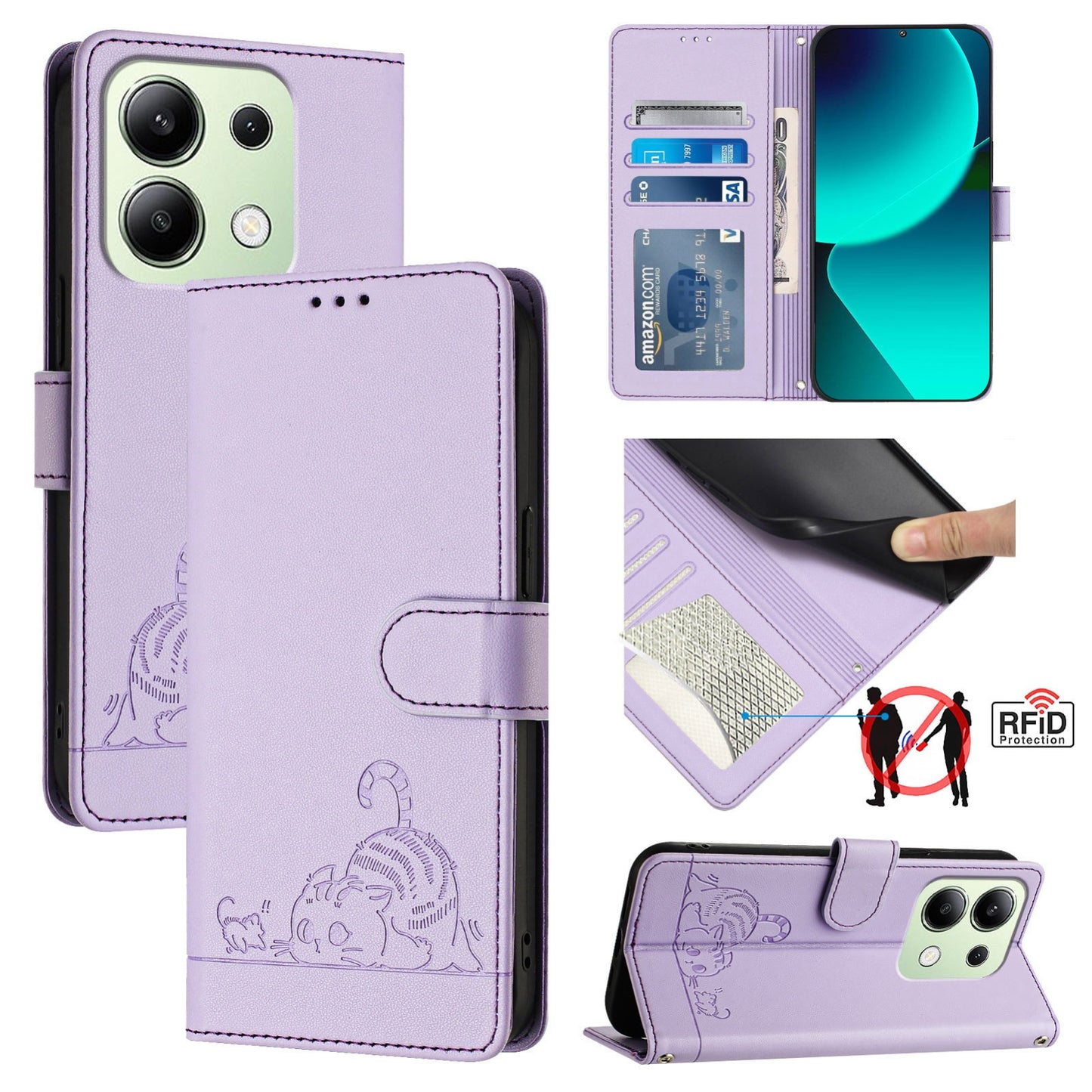 Xiaomi Redmi Note 13 4G Global Cat and Rat Embossed Pattern, RFID Leather Phone Case with Lanyard, Kickstand, and Wallet Features