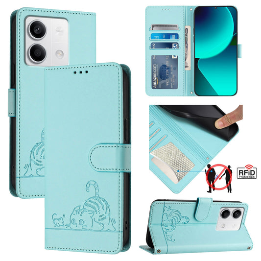 Xiaomi Redmi Note 13 5G Global Cat and Rat Embossed Pattern, RFID Leather Phone Case with Lanyard, Kickstand, and Wallet Features