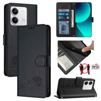 Xiaomi Redmi Note 13 5G Global Cat and Rat Embossed Pattern, RFID Leather Phone Case with Lanyard, Kickstand, and Wallet Features