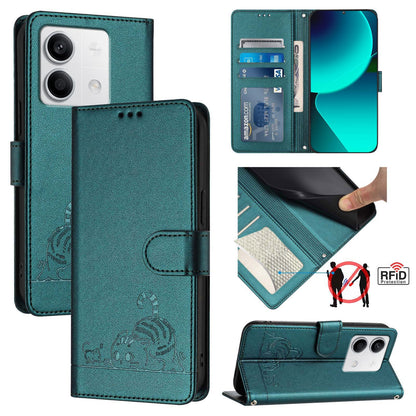 Xiaomi Redmi Note 13 5G Global Cat and Rat Embossed Pattern, RFID Leather Phone Case with Lanyard, Kickstand, and Wallet Features