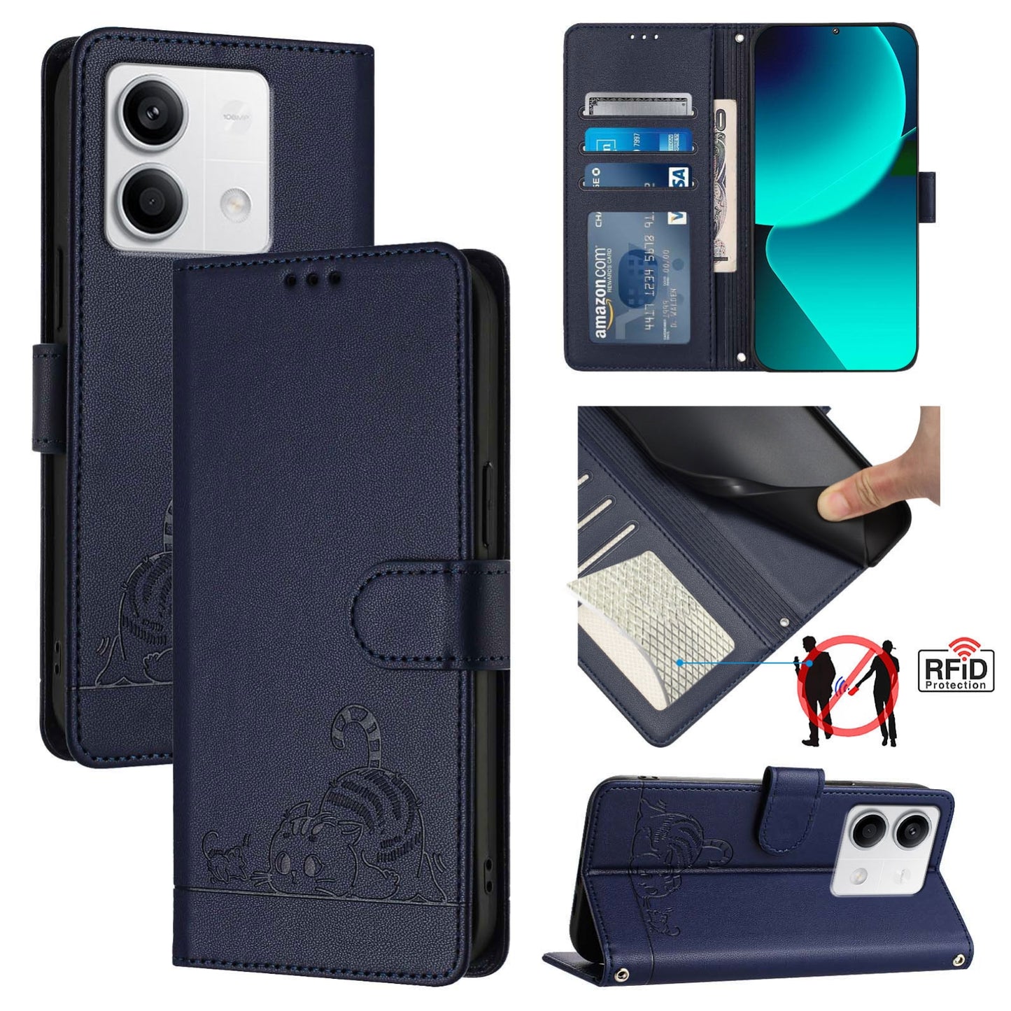 Xiaomi Redmi Note 13 5G Global Cat and Rat Embossed Pattern, RFID Leather Phone Case with Lanyard, Kickstand, and Wallet Features