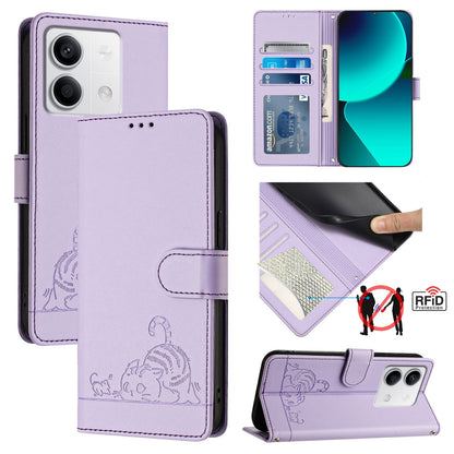 Xiaomi Redmi Note 13 5G Global Cat and Rat Embossed Pattern, RFID Leather Phone Case with Lanyard, Kickstand, and Wallet Features