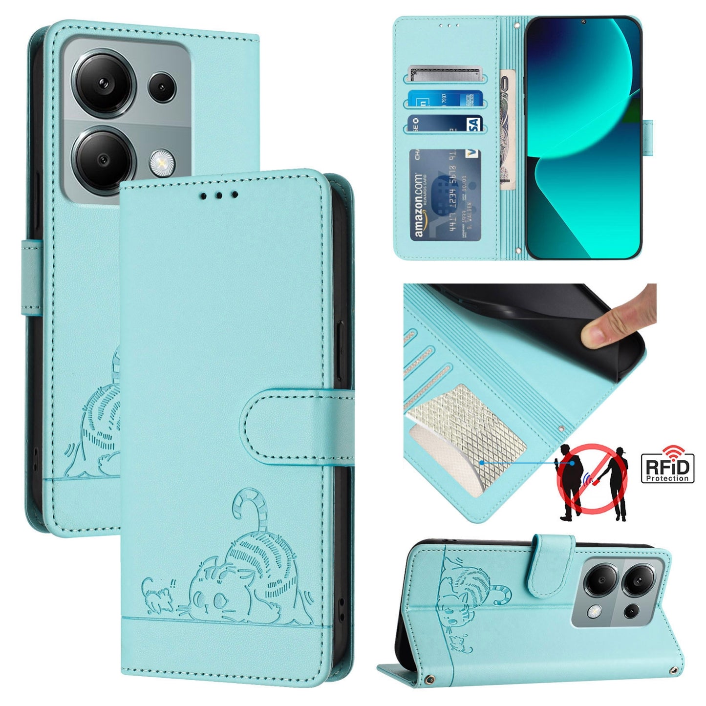 Xiaomi Redmi Note 13 Pro 4G Global Cat and Rat Embossed Pattern, RFID Leather Phone Case with Lanyard, Kickstand, and Wallet Features