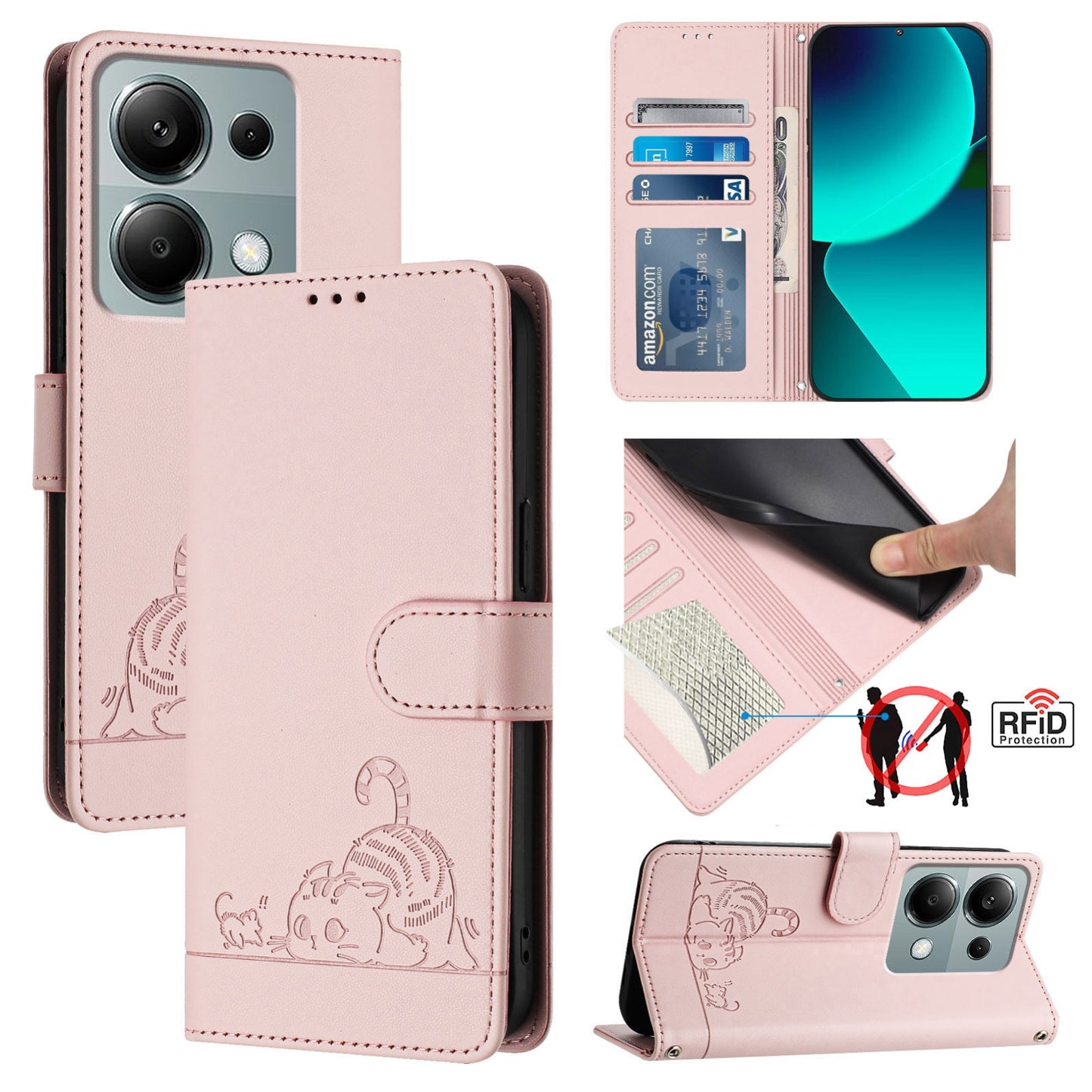 Xiaomi Redmi Note 13 Pro 4G Global Cat and Rat Embossed Pattern, RFID Leather Phone Case with Lanyard, Kickstand, and Wallet Features