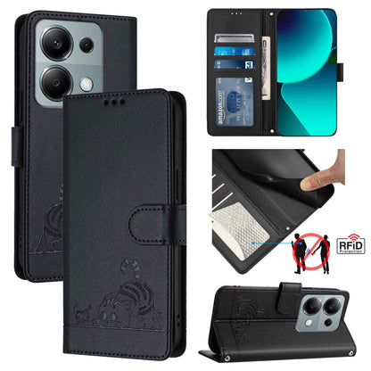 Xiaomi Redmi Note 13 Pro 4G Global Cat and Rat Embossed Pattern, RFID Leather Phone Case with Lanyard, Kickstand, and Wallet Features