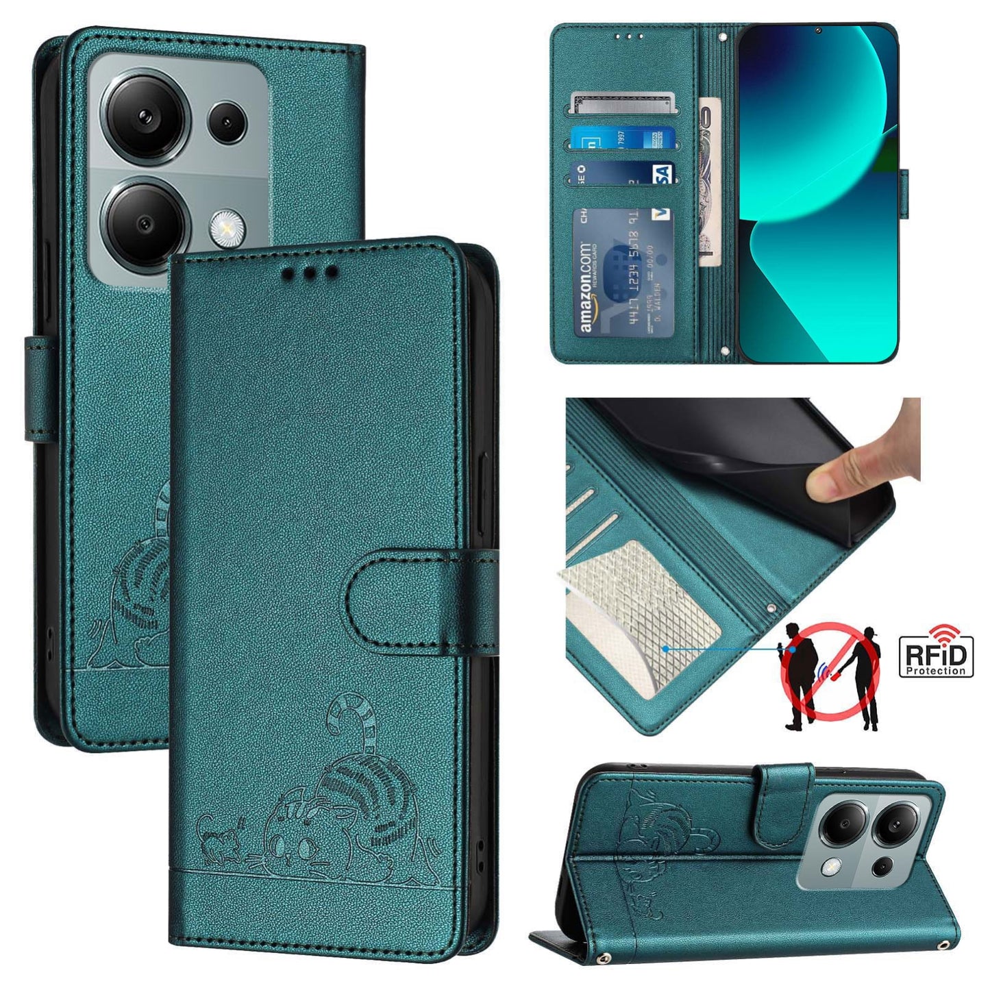 Xiaomi Redmi Note 13 Pro 4G Global Cat and Rat Embossed Pattern, RFID Leather Phone Case with Lanyard, Kickstand, and Wallet Features