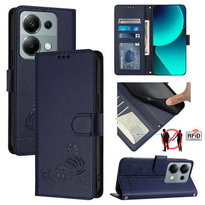 Xiaomi Redmi Note 13 Pro 4G Global Cat and Rat Embossed Pattern, RFID Leather Phone Case with Lanyard, Kickstand, and Wallet Features