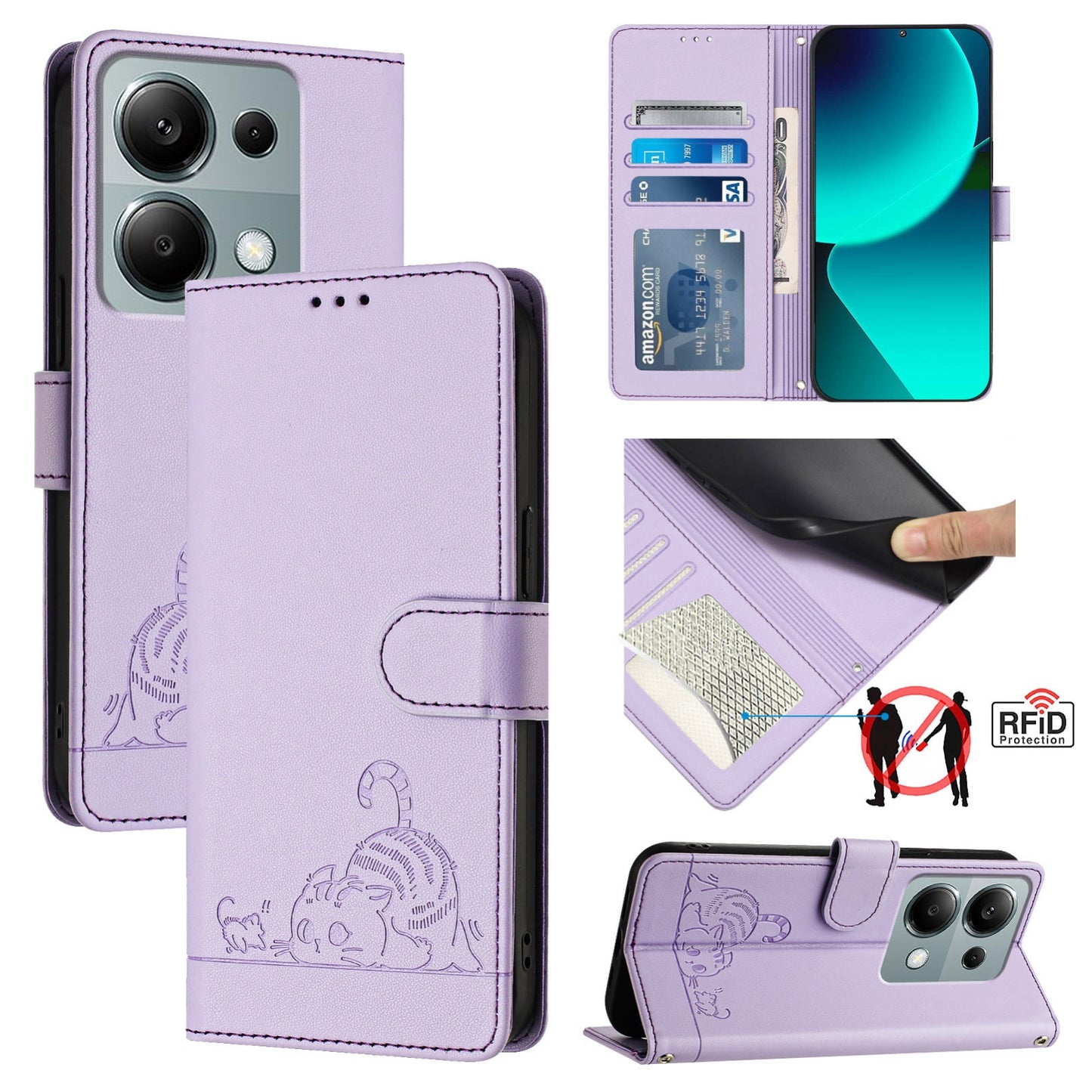 Xiaomi Redmi Note 13 Pro 4G Global Cat and Rat Embossed Pattern, RFID Leather Phone Case with Lanyard, Kickstand, and Wallet Features