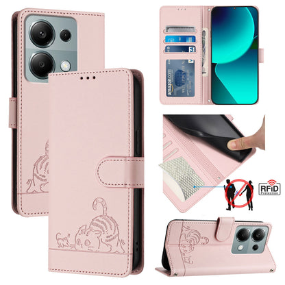 Xiaomi POCO M6 Pro 4G Cat and Rat Embossed Pattern, RFID Leather Phone Case with Lanyard, Kickstand, and Wallet Features