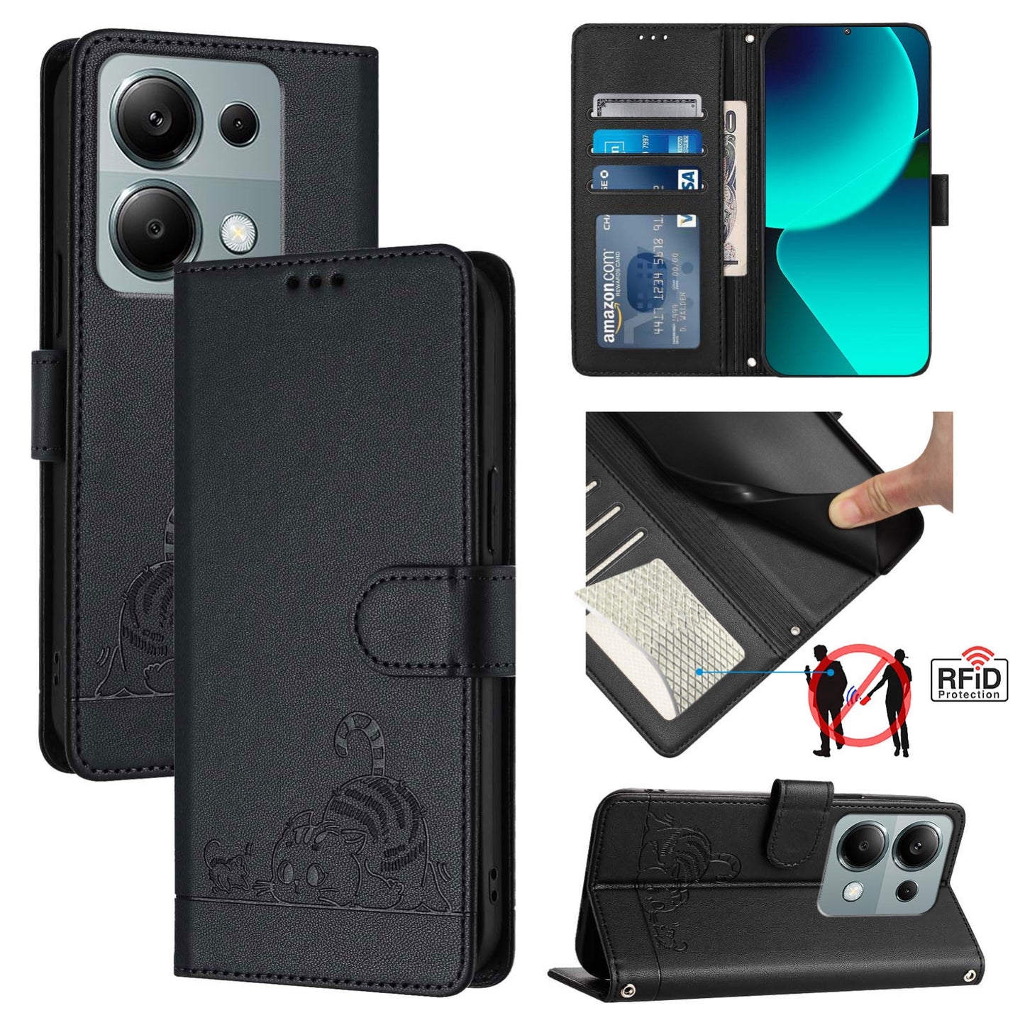 Xiaomi POCO M6 Pro 4G Cat and Rat Embossed Pattern, RFID Leather Phone Case with Lanyard, Kickstand, and Wallet Features