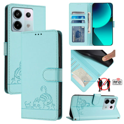 Xiaomi Redmi Note 13 Pro 5G Global Cat and Rat Embossed Pattern, RFID Leather Phone Case with Lanyard, Kickstand, and Wallet Features