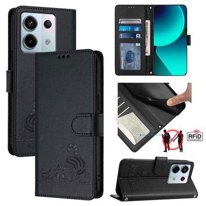 Xiaomi Redmi Note 13 Pro 5G Global Cat and Rat Embossed Pattern, RFID Leather Phone Case with Lanyard, Kickstand, and Wallet Features