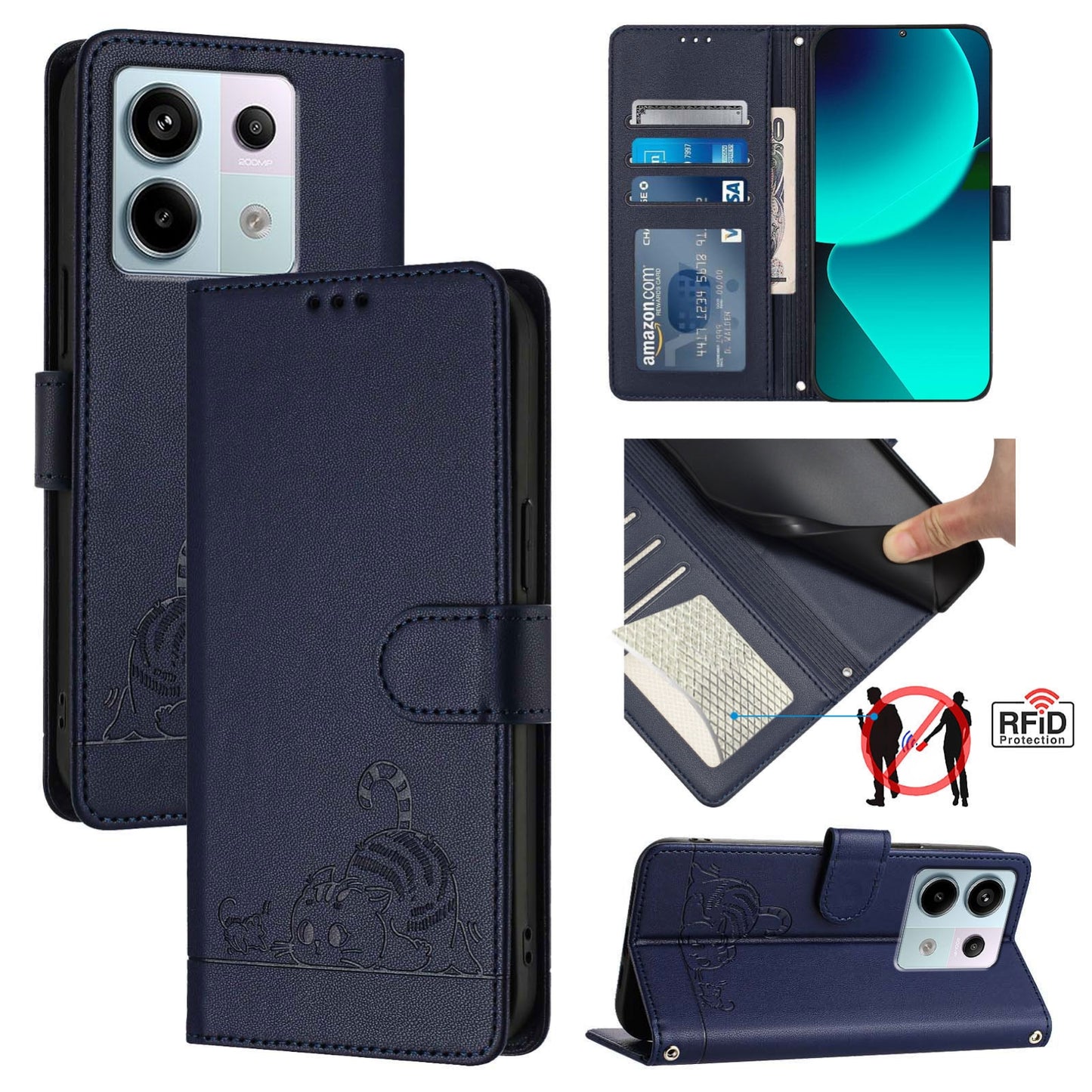 Xiaomi Redmi Note 13 Pro 5G Global Cat and Rat Embossed Pattern, RFID Leather Phone Case with Lanyard, Kickstand, and Wallet Features