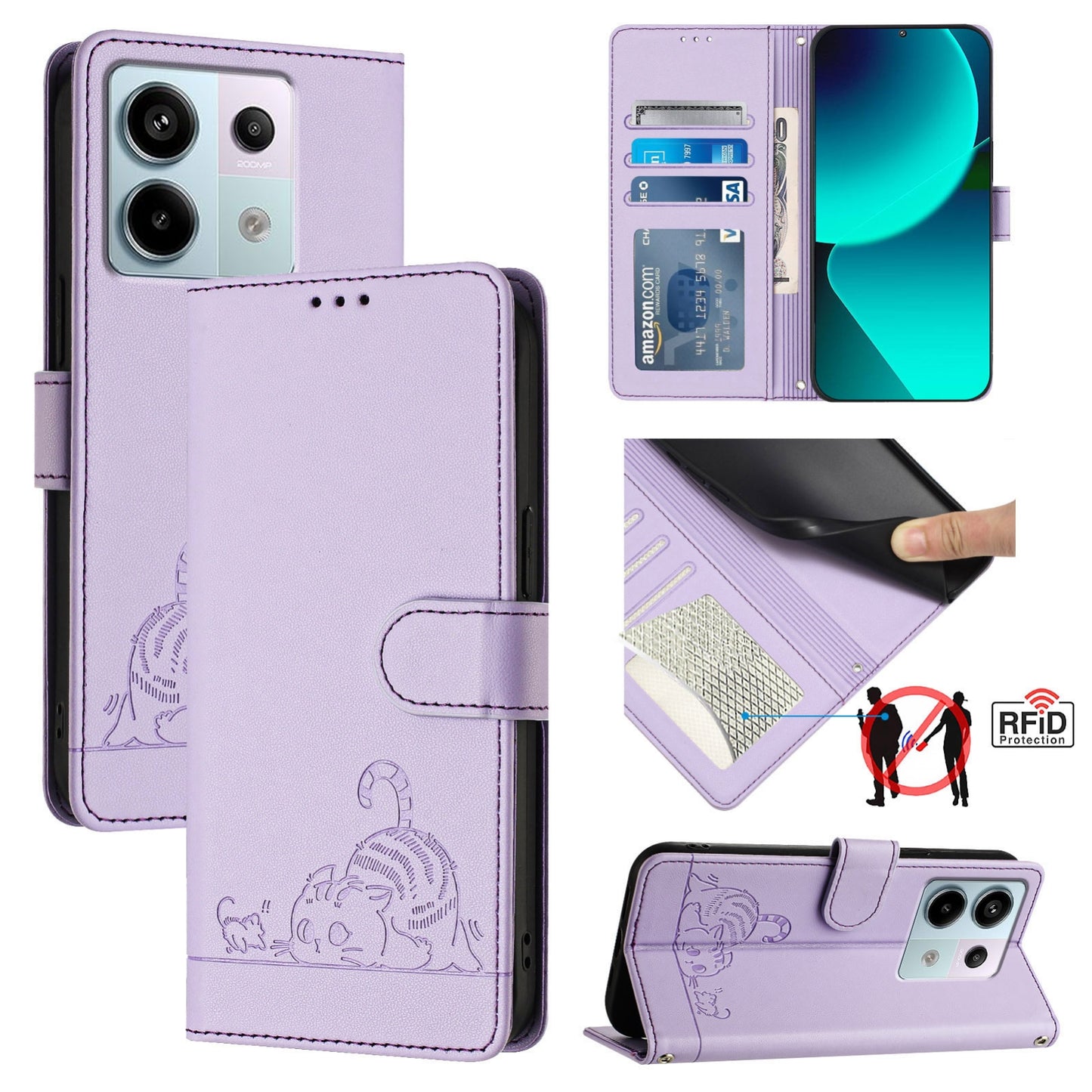 Xiaomi Redmi Note 13 Pro 5G Global Cat and Rat Embossed Pattern, RFID Leather Phone Case with Lanyard, Kickstand, and Wallet Features