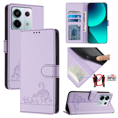 Xiaomi Redmi Note 13 Pro 5G Global Cat and Rat Embossed Pattern, RFID Leather Phone Case with Lanyard, Kickstand, and Wallet Features