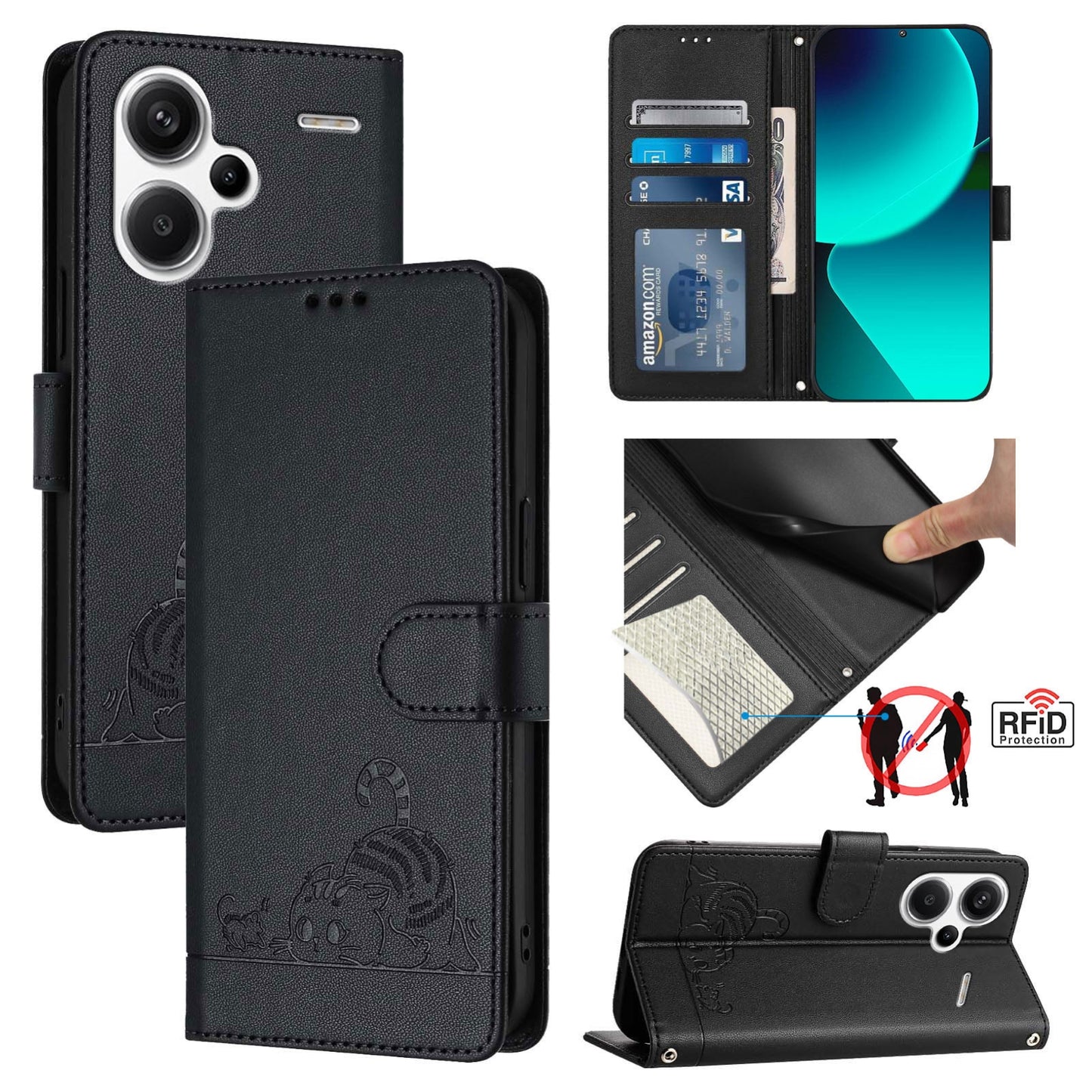 Xiaomi Redmi Note 13 Pro+ 5G Global Cat and Rat Embossed Pattern, RFID Leather Phone Case with Lanyard, Kickstand, and Wallet Features