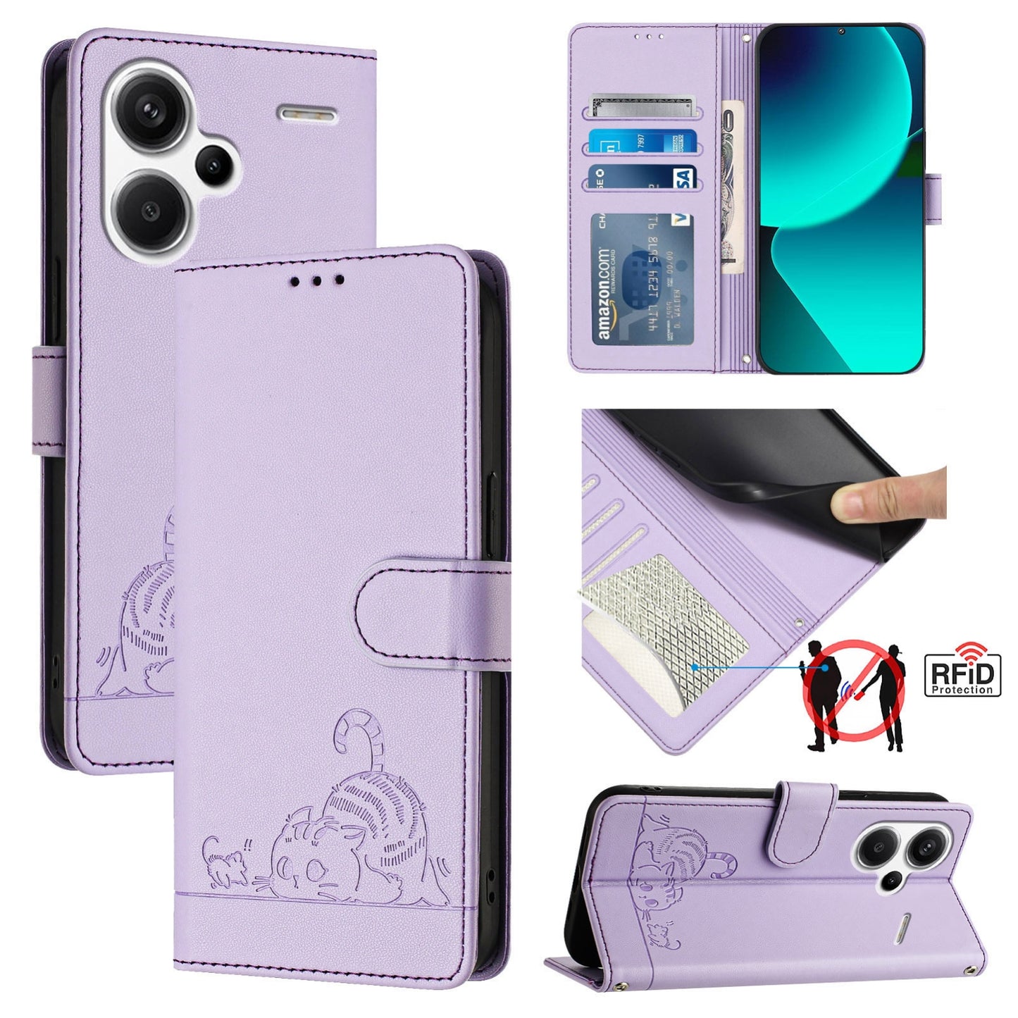 Xiaomi Redmi Note 13 Pro+ 5G Global Cat and Rat Embossed Pattern, RFID Leather Phone Case with Lanyard, Kickstand, and Wallet Features