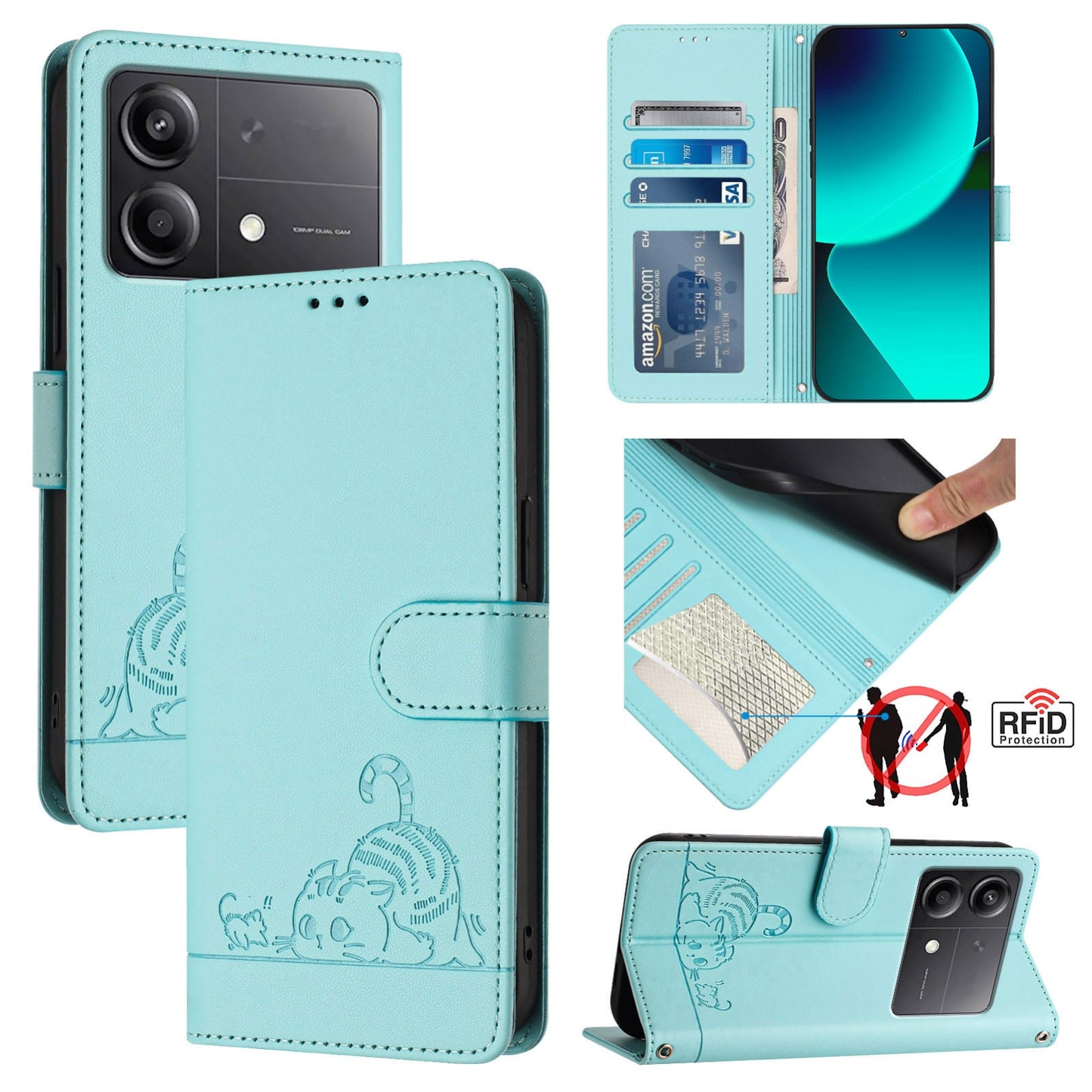 Xiaomi POCO X6 Neo 5G Global Cat and Rat Embossed Pattern, RFID Leather Phone Case with Lanyard, Kickstand, and Wallet Features