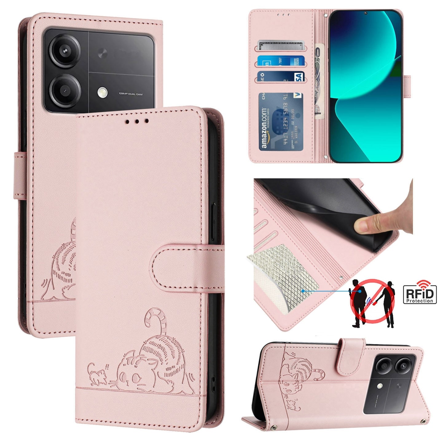 Xiaomi POCO X6 Neo 5G Global Cat and Rat Embossed Pattern, RFID Leather Phone Case with Lanyard, Kickstand, and Wallet Features