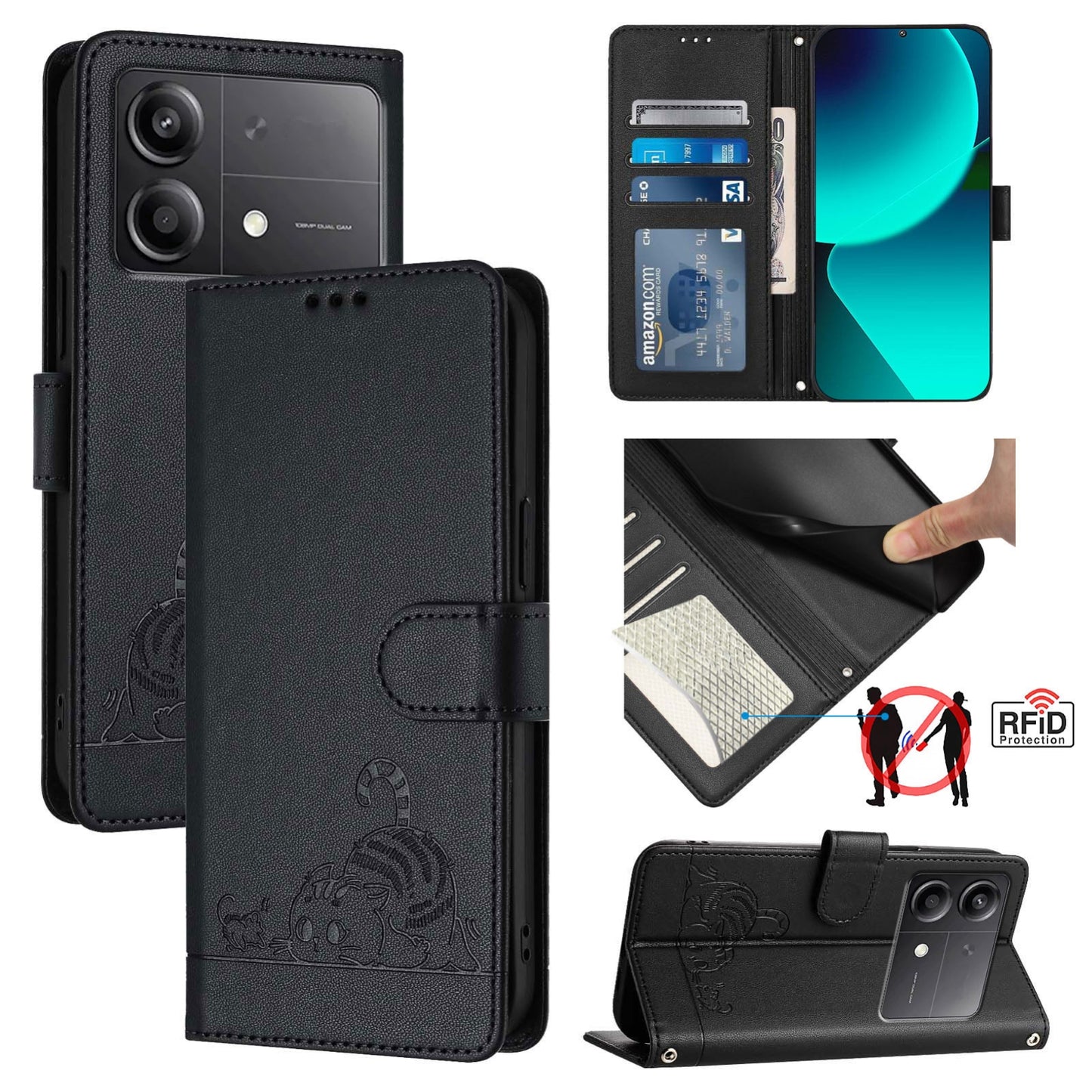 Xiaomi POCO X6 Neo 5G Global Cat and Rat Embossed Pattern, RFID Leather Phone Case with Lanyard, Kickstand, and Wallet Features