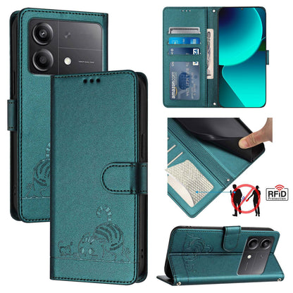 Xiaomi POCO X6 Neo 5G Global Cat and Rat Embossed Pattern, RFID Leather Phone Case with Lanyard, Kickstand, and Wallet Features