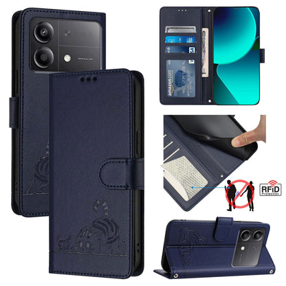 Xiaomi POCO X6 Neo 5G Global Cat and Rat Embossed Pattern, RFID Leather Phone Case with Lanyard, Kickstand, and Wallet Features