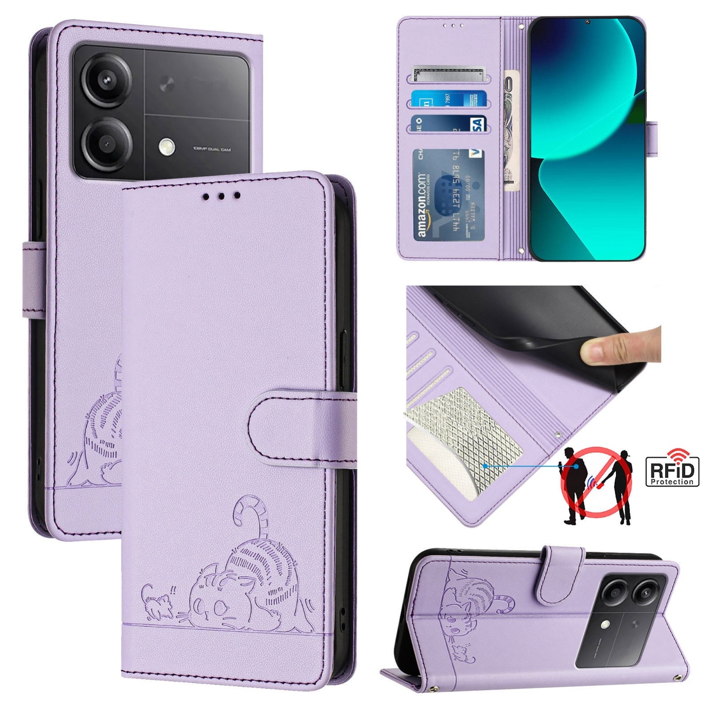 Xiaomi POCO X6 Neo 5G Global Cat and Rat Embossed Pattern, RFID Leather Phone Case with Lanyard, Kickstand, and Wallet Features