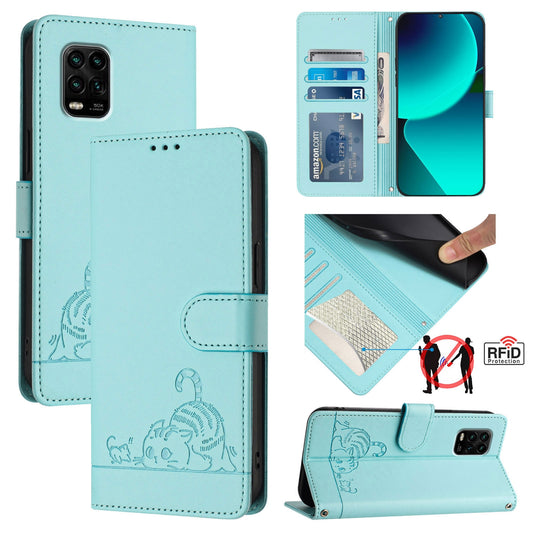 Xiaomi Mi 10 Lite Cat and Rat Embossed Pattern, RFID Leather Phone Case with Lanyard, Kickstand, and Wallet Features