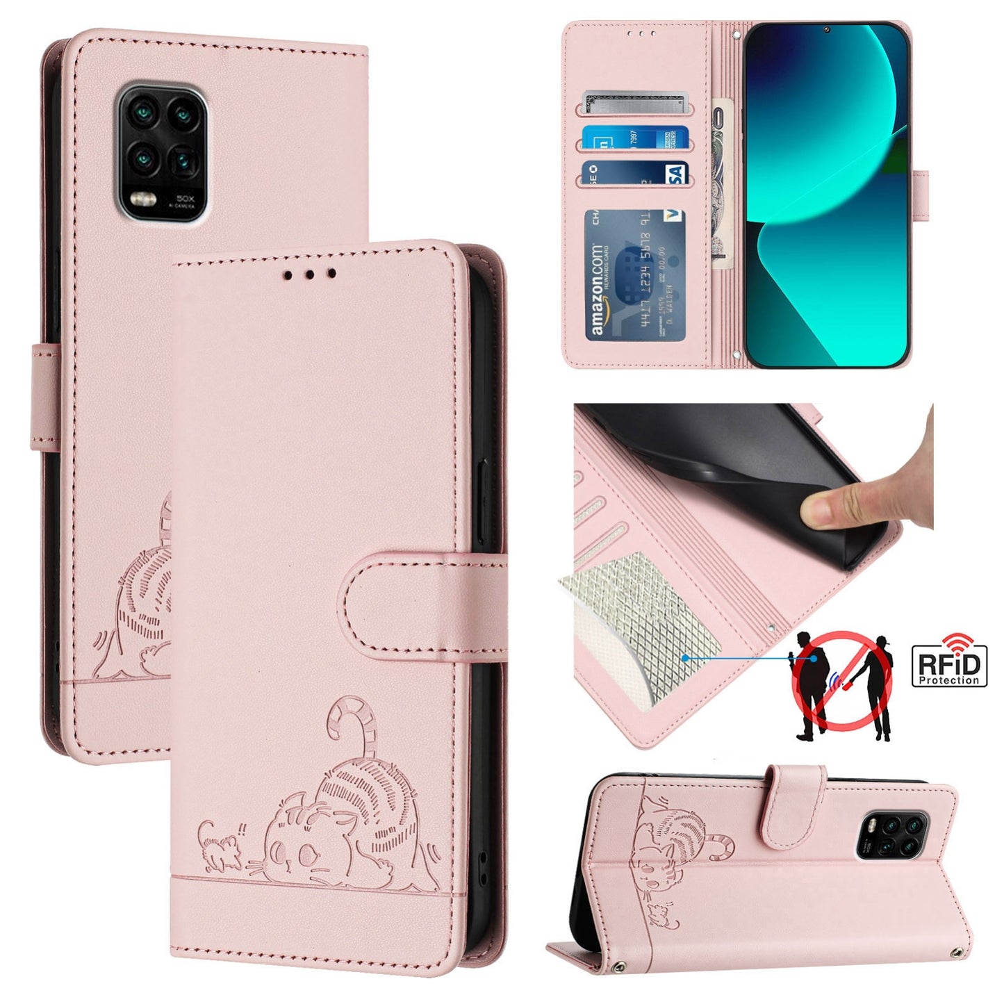 Xiaomi Mi 10 Lite Cat and Rat Embossed Pattern, RFID Leather Phone Case with Lanyard, Kickstand, and Wallet Features