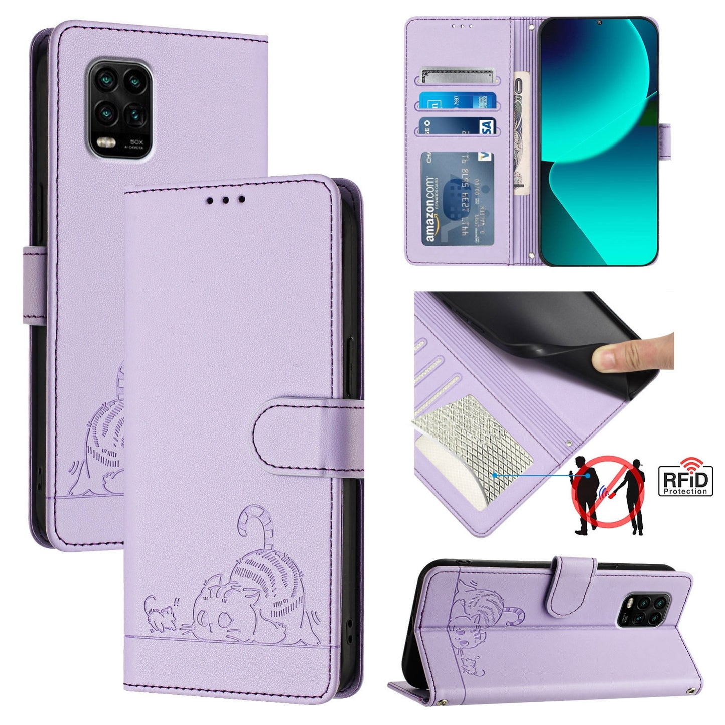 Xiaomi Mi 10 Lite Cat and Rat Embossed Pattern, RFID Leather Phone Case with Lanyard, Kickstand, and Wallet Features