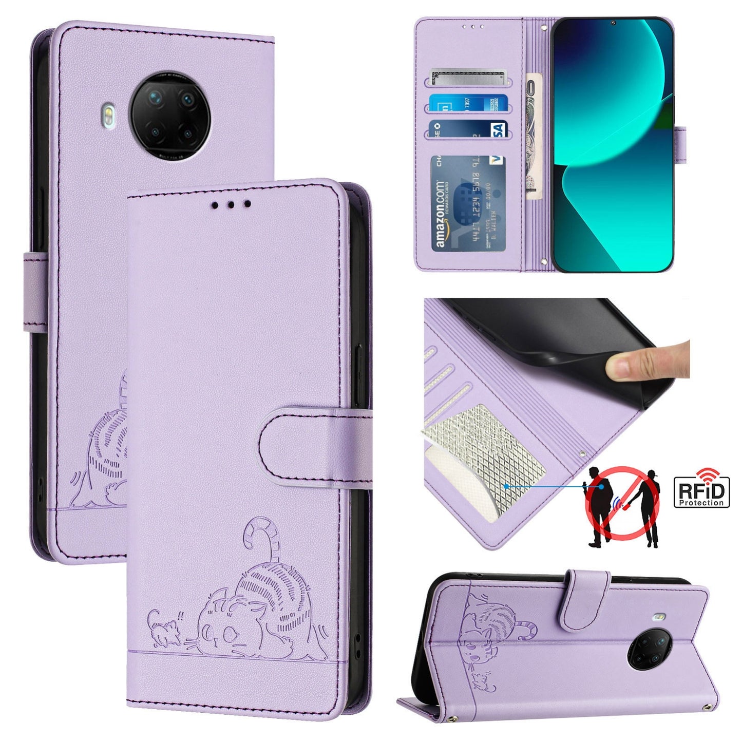 Xiaomi Mi 10T Lite 5G Cat and Rat Embossed Pattern, RFID Leather Phone Case with Lanyard, Kickstand, and Wallet Features