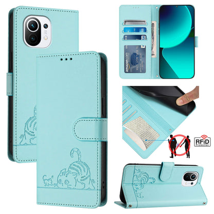 Xiaomi Mi 11 Cat and Rat Embossed Pattern, RFID Leather Phone Case with Lanyard, Kickstand, and Wallet Features