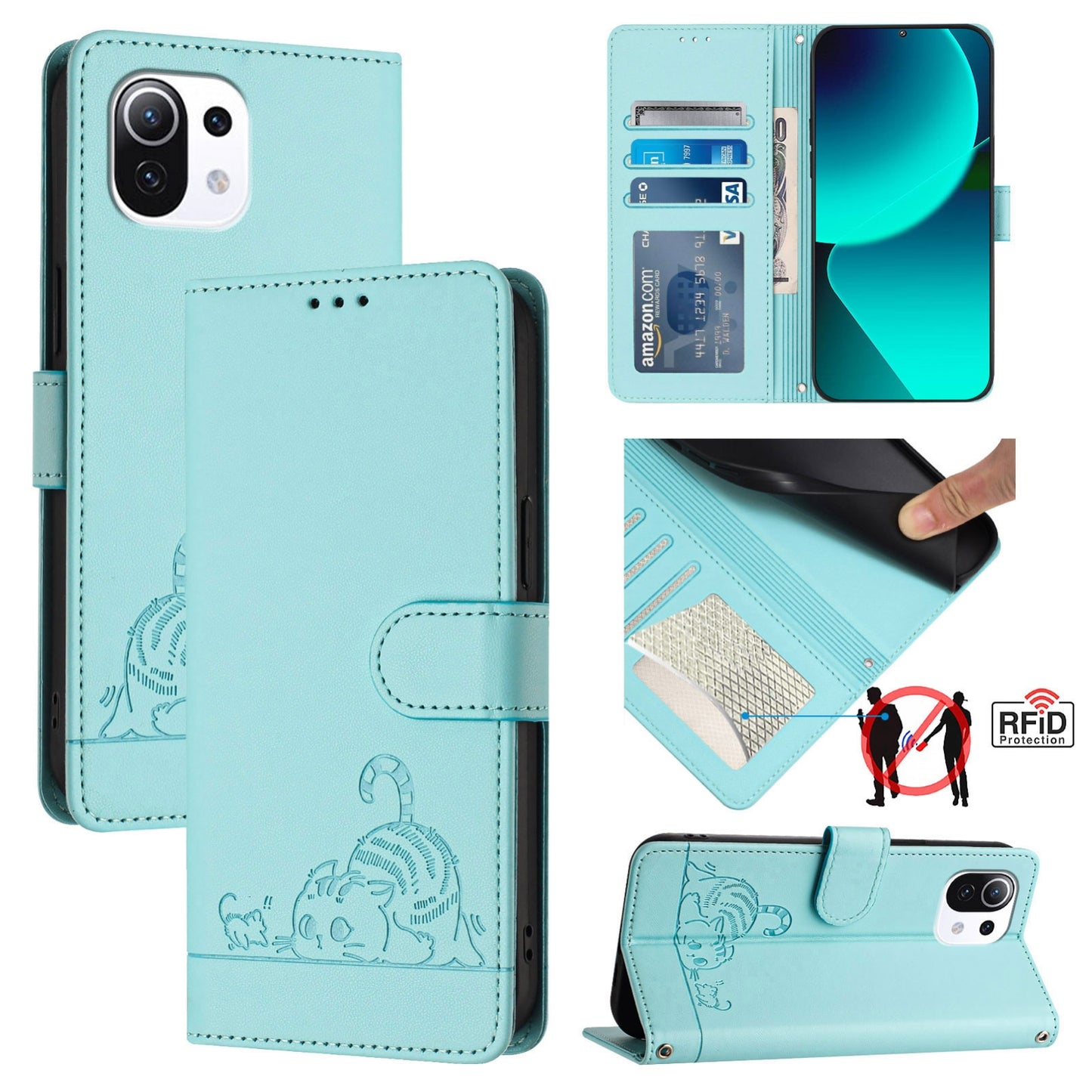 Xiaomi Mi 11 Lite Cat and Rat Embossed Pattern, RFID Leather Phone Case with Lanyard, Kickstand, and Wallet Features