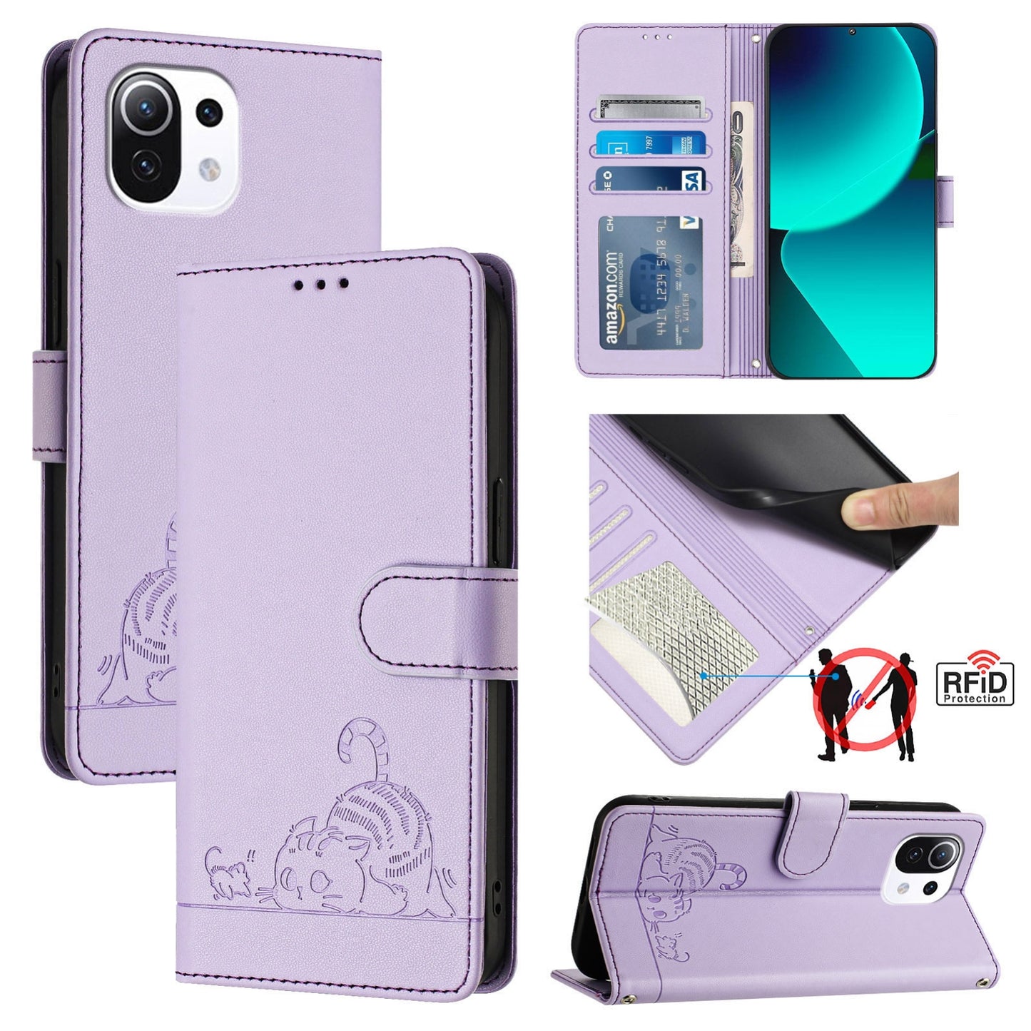 Xiaomi Mi 11 Lite 5G Cat and Rat Embossed Pattern, RFID Leather Phone Case with Lanyard, Kickstand, and Wallet Features