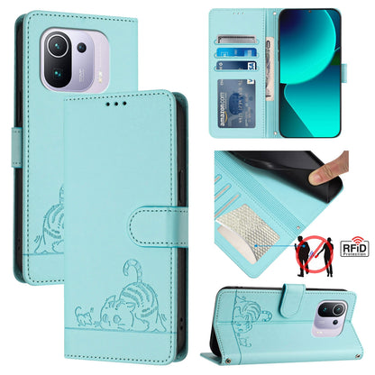 Xiaomi Mi 11 Pro Cat and Rat Embossed Pattern, RFID Leather Phone Case with Lanyard, Kickstand, and Wallet Features