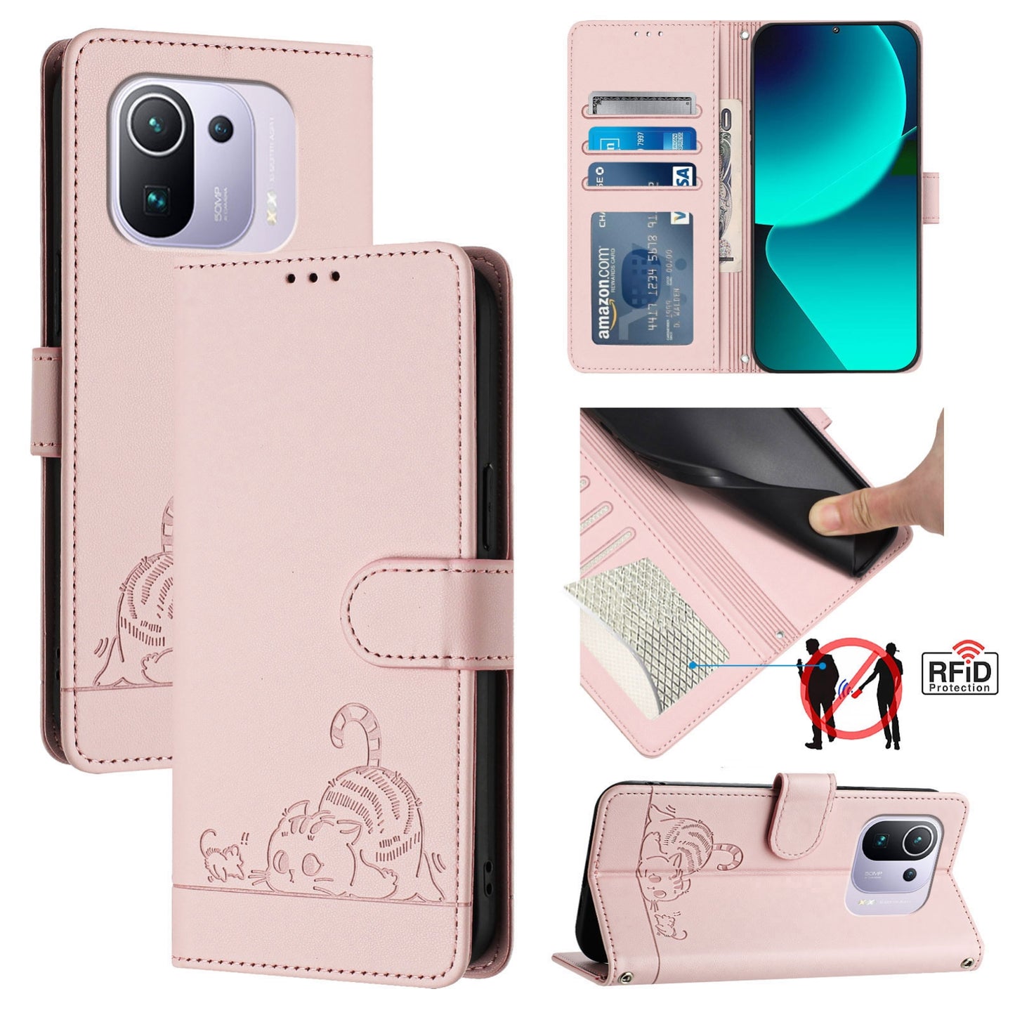 Xiaomi Mi 11 Pro Cat and Rat Embossed Pattern, RFID Leather Phone Case with Lanyard, Kickstand, and Wallet Features