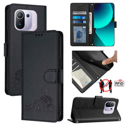 Xiaomi Mi 11 Pro Cat and Rat Embossed Pattern, RFID Leather Phone Case with Lanyard, Kickstand, and Wallet Features