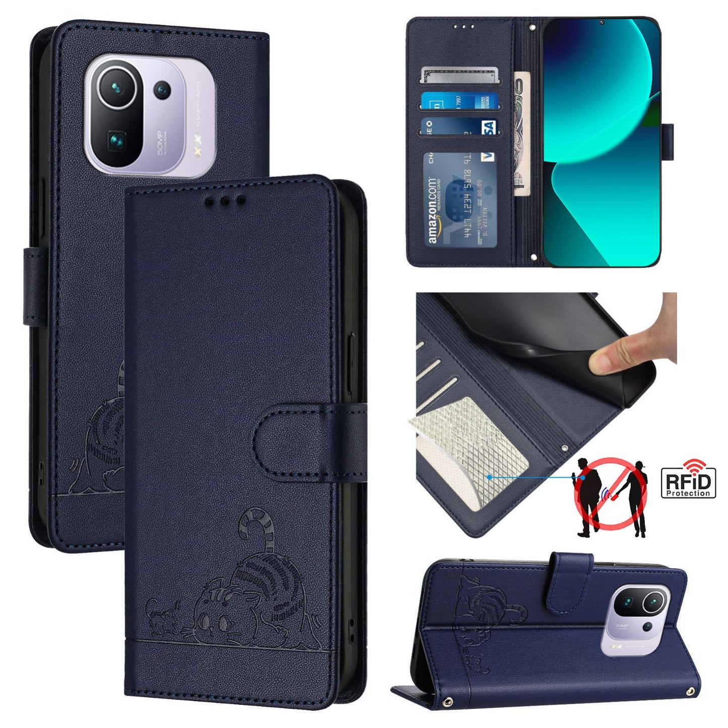 Xiaomi Mi 11 Pro Cat and Rat Embossed Pattern, RFID Leather Phone Case with Lanyard, Kickstand, and Wallet Features