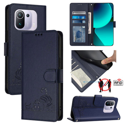 Xiaomi Mi 11 Pro Cat and Rat Embossed Pattern, RFID Leather Phone Case with Lanyard, Kickstand, and Wallet Features