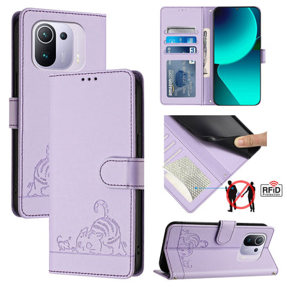 Xiaomi Mi 11 Pro Cat and Rat Embossed Pattern, RFID Leather Phone Case with Lanyard, Kickstand, and Wallet Features