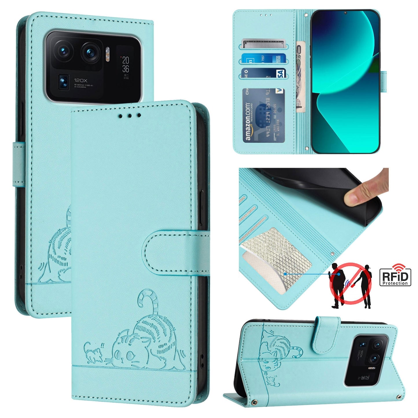 Xiaomi Mi 11 Ultra Cat and Rat Embossed Pattern, RFID Leather Phone Case with Lanyard, Kickstand, and Wallet Features