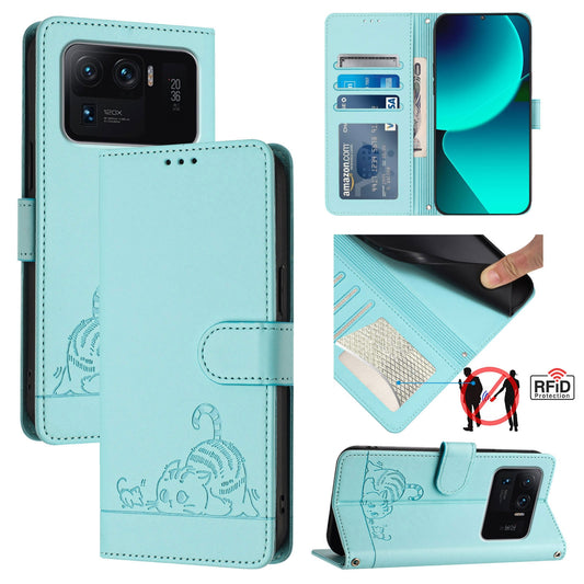 Xiaomi Mi 11 Ultra Cat and Rat Embossed Pattern, RFID Leather Phone Case with Lanyard, Kickstand, and Wallet Features