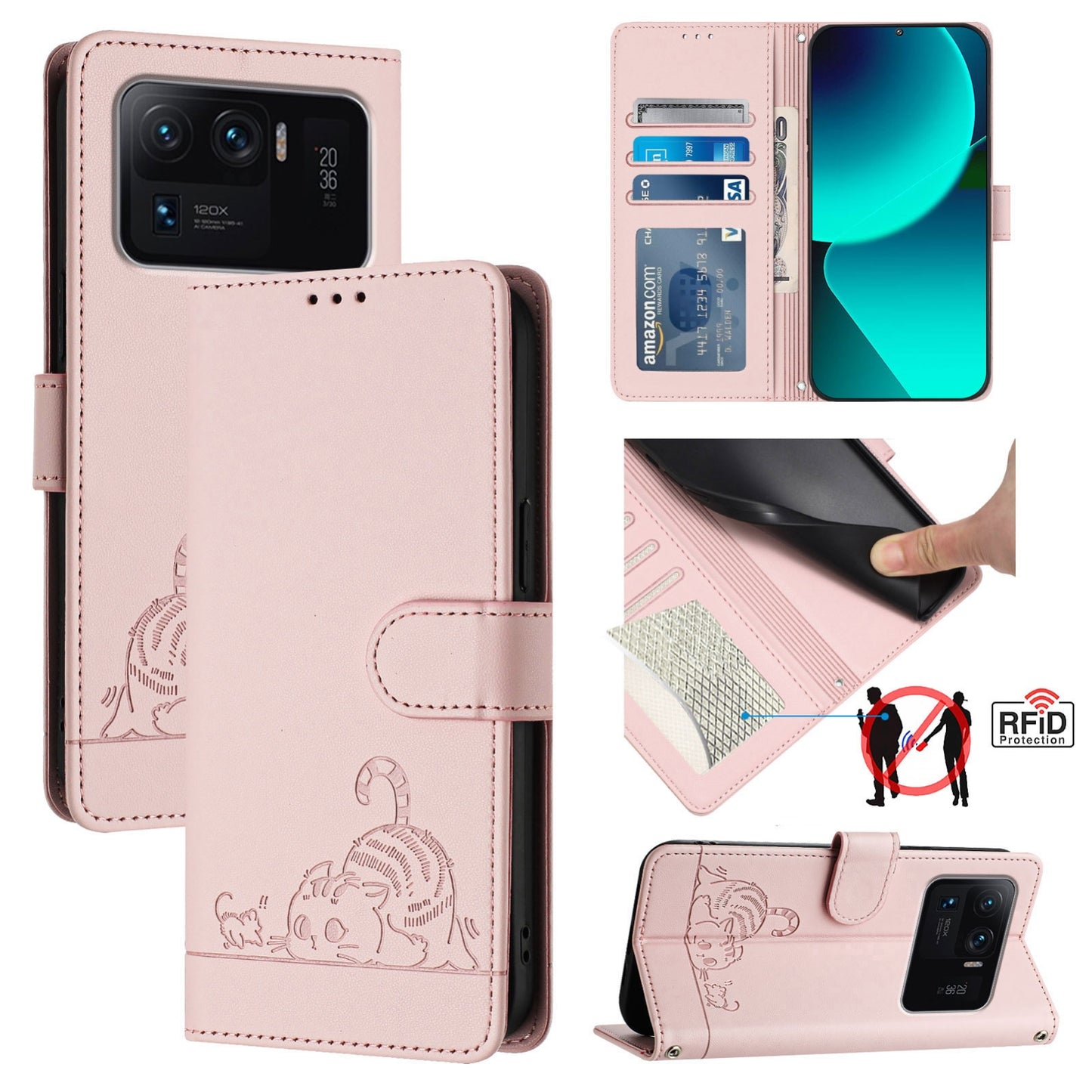 Xiaomi Mi 11 Ultra Cat and Rat Embossed Pattern, RFID Leather Phone Case with Lanyard, Kickstand, and Wallet Features